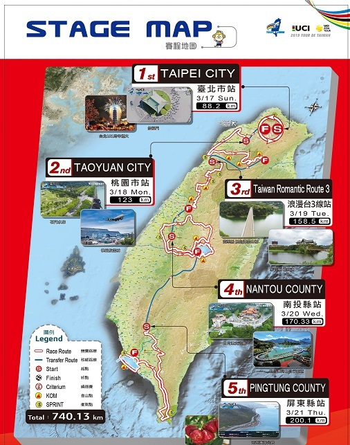 Tour de Taiwan 2019 - carte des 5 étapes (image Tour de Taiwan)